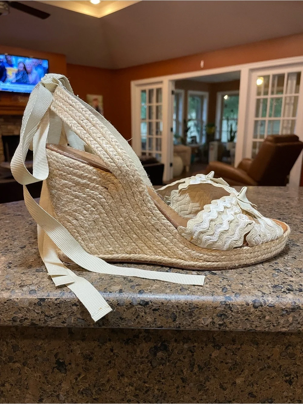 kate spade Gorgeous! Beige Cream Wedge Espadrille Sandal Jute Heel Ribbon Tie 10